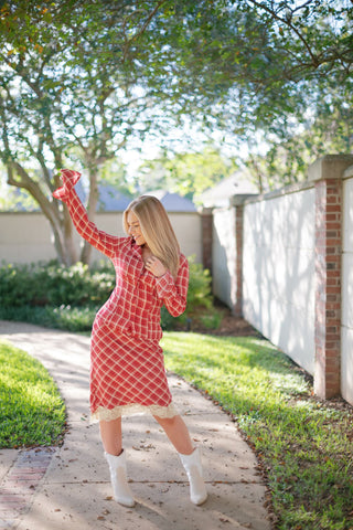 Red Plaid Set Midi Skirt