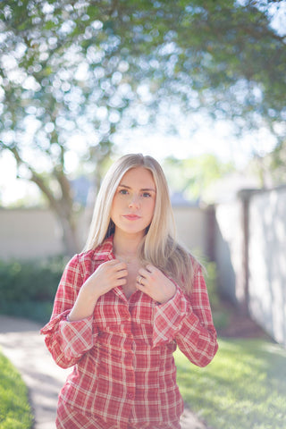Red Plaid Set Collared Blouse