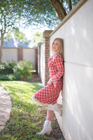 Red Plaid Set Collared Blouse