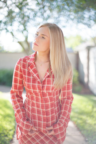 Red Plaid Set Collared Blouse