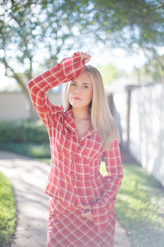 Red Plaid Set Collared Blouse