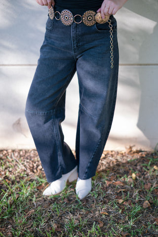 Black Raw Hem Barrel Jeans