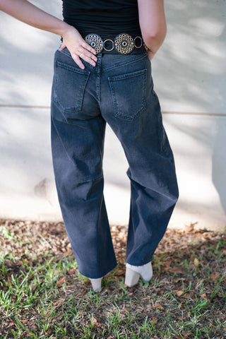 Black Raw Hem Barrel Jeans