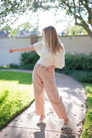 Brick Red Gingham Barrel Jeans