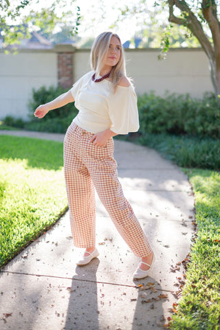 Brick Red Gingham Barrel Jeans