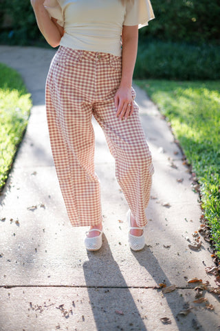 Brick Red Gingham Barrel Jeans