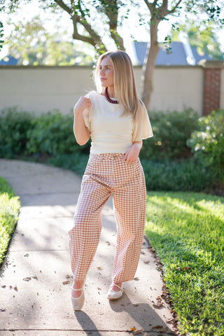 Brick Red Gingham Barrel Jeans