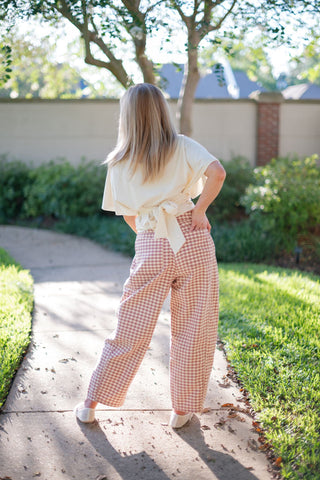 Brick Red Gingham Barrel Jeans