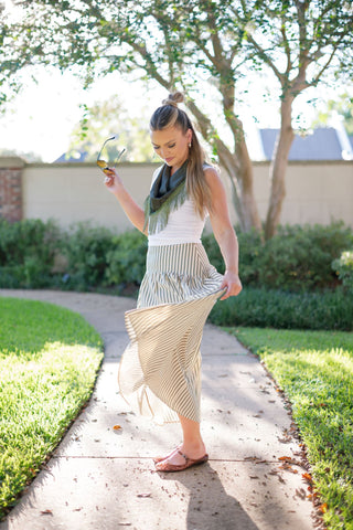 Cream & Green Striped Midi Skirt