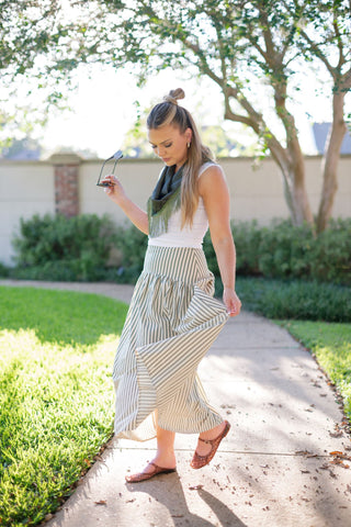 Cream & Green Striped Midi Skirt