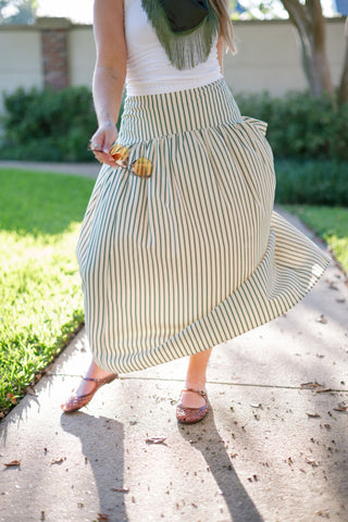 Cream & Green Striped Midi Skirt