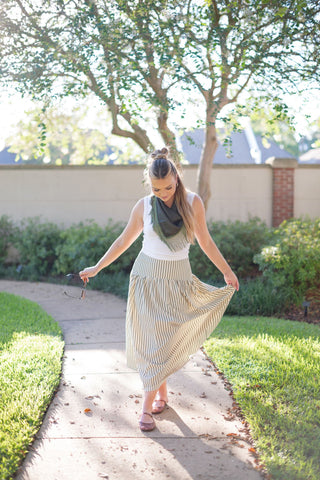 Cream & Green Striped Midi Skirt