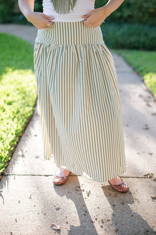 Cream & Green Striped Midi Skirt