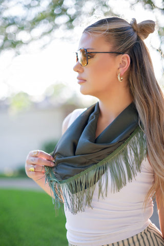Green Satin Fringe Bandana Scarf