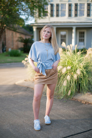 Camel Suede Pleated Mini Skort