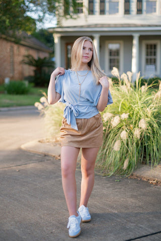 Camel Suede Pleated Mini Skort