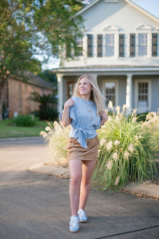 Camel Suede Pleated Mini Skort