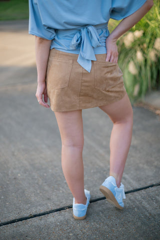 Camel Suede Pleated Mini Skort