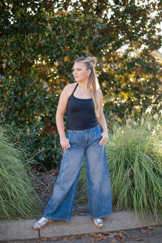 Medium Wash Pleated Wide Leg Jeans