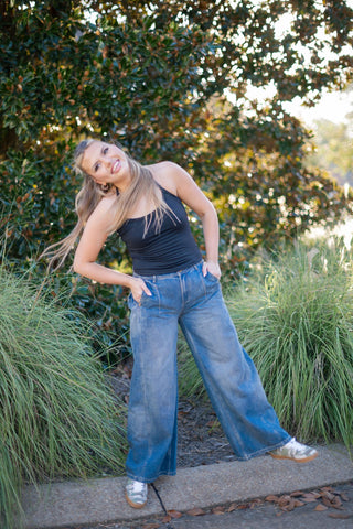 Medium Wash Pleated Wide Leg Jeans