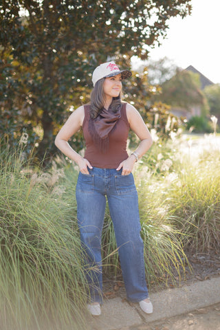 Brown Scoop Neck Ribbed Tank Top