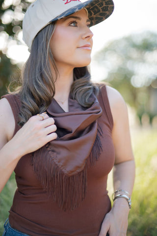 Brown Satin Fringe Bandana Scarf