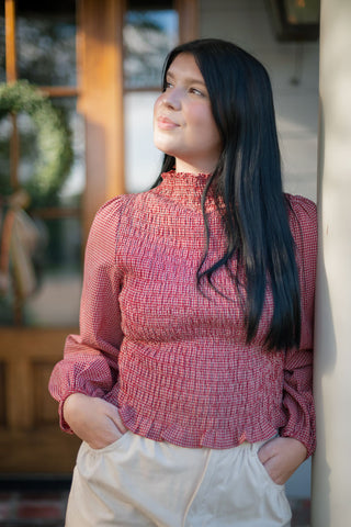 Red Gingham Smocked Puff Sleeve Top