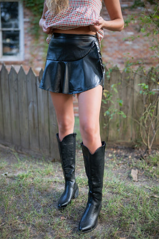 Black Ruffle Hem Leather Mini Skort