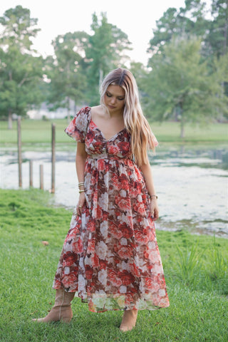 Rust Floral Puff Sleeve Midi Dress