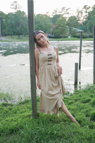 Taupe Bow Detail Floral Midi Dress