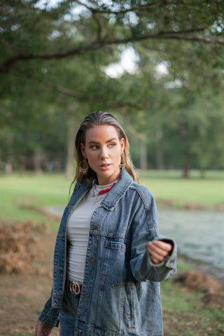 Medium Wash Back Pleated Denim Jacket