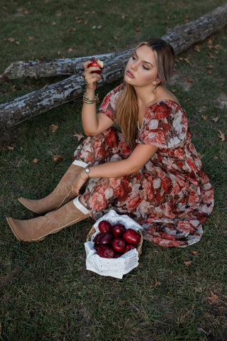 Rust Floral Puff Sleeve Midi Dress