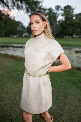 Beige Mock Neck Sweater Dress