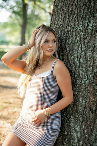 Brown Checkered Sweetheart Mini Dress