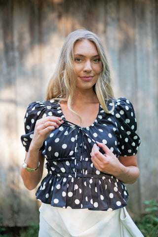 Black Polka Dot Puff Sleeve Blouse