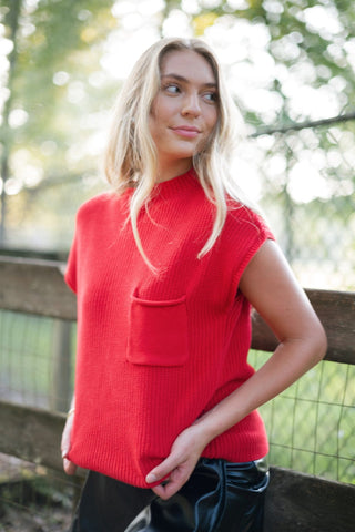 Red Mock Neck Short Sleeve Knit Top