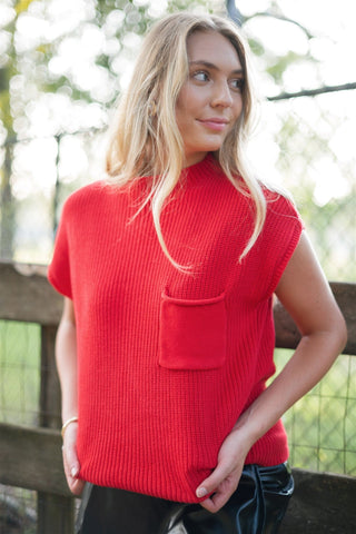 Red Mock Neck Short Sleeve Knit Top