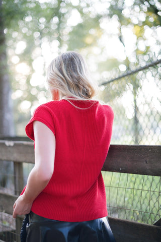 Red Mock Neck Short Sleeve Knit Top