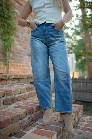 Medium Wash Mid Rise Barrel Jean