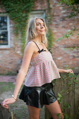 Red Plaid Tweed Babydoll Top