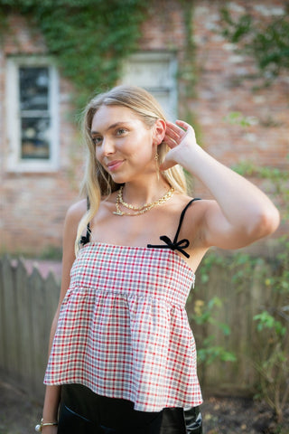 Red Plaid Tweed Babydoll Top