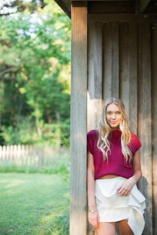 Burgundy Mock Neck Short Sleeve Knit Top