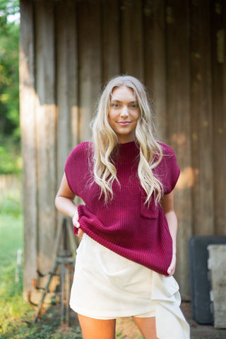 Burgundy Mock Neck Short Sleeve Knit Top