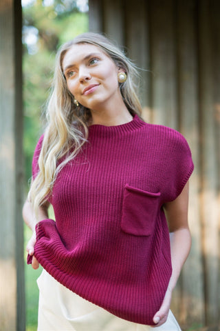 Burgundy Mock Neck Short Sleeve Knit Top