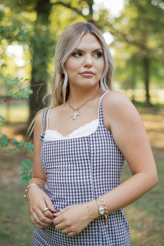 Brown Checkered Sweetheart Mini Dress