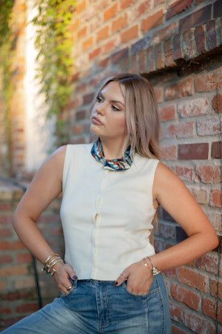 White Button Up Sleeveless Knit Top
