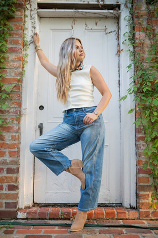 Medium Wash Mid Rise Barrel Jean