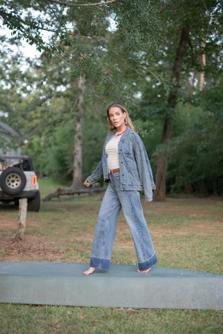 Medium Wash Back Pleated Denim Jacket