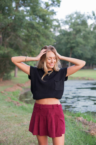 Burgundy Corduroy Pleated Mini Skort