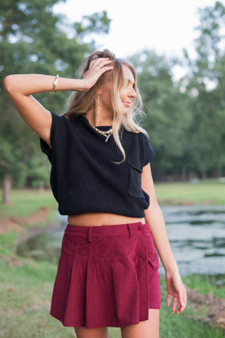 Burgundy Corduroy Pleated Mini Skort
